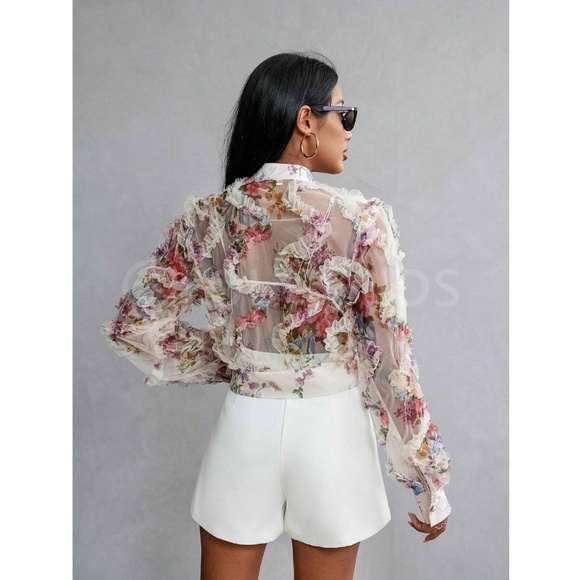 Off White Sheer Floral Ruffle Textured Crop Button Up Blouse Shirt Top - Picture 5 of 11